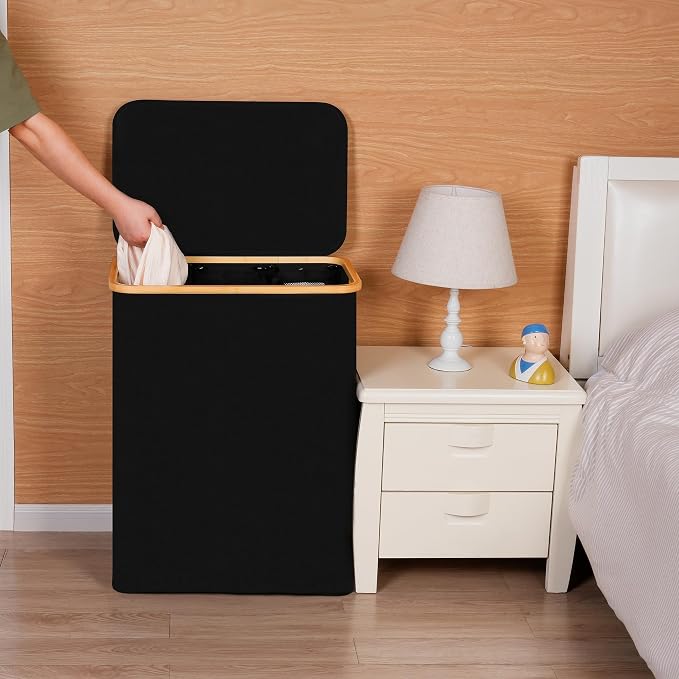 efluky Laundry Hamper with Lid, Trio Laundry Basket with 2 Removable Bags, 3 Section Laundry Bin with Bamboo Handles for Bathroom, Bedroom & Laundry Room, 160L (42.3 Gallon) Black