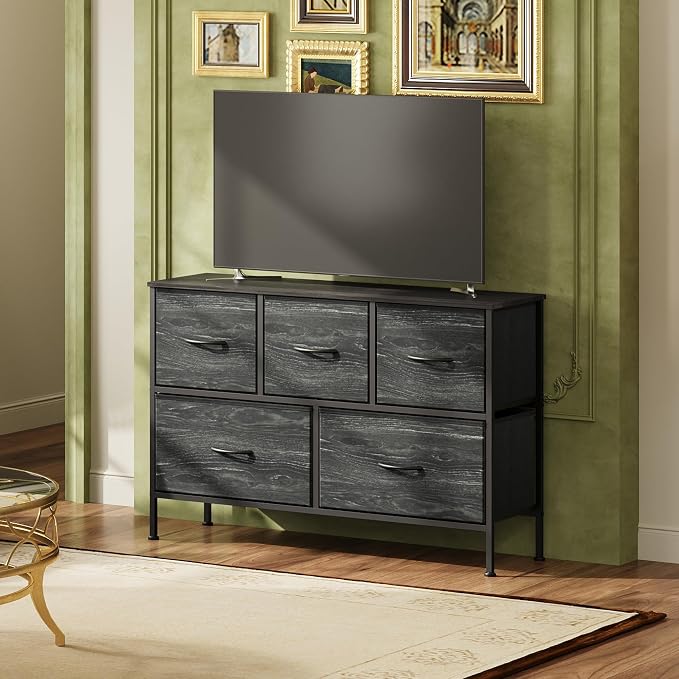 WLIVE 5 Drawer Dresser for Bedroom, Wide Chest of Drawers, Black Wood Grain | 5 roomy fabric drawers, Wide low-profile design, Bedroom or closet use, Sturdy steel frame, Smooth wood tabletop
