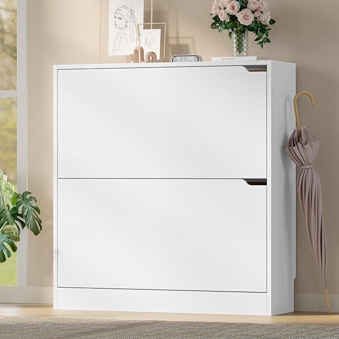 BORNOON Shoe Cabinet with 2 Flip Drawers, Slim Narrow Shoe Storage Cabinet, Freestanding Shoe Organizer with Adjustable & Removable Shelves, Top Display Shelf for Entryway, Hallway, Foyer, Closet