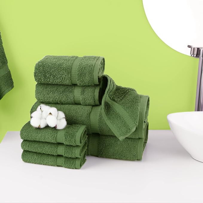 Chakir Turkish Linens Set of 8 Towel Set, 100% Cotton Luxury Turkish Towels for Bathroom, Soft Absorbent Bath Towel Set with 2 Bath Towels 2 Hand Towels 4 Washcloths, Moss
