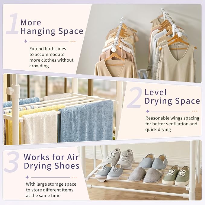Clothes Drying Rack Foldable，Height & Length Adjustable Drying Rack | Large Drying Rack with 2-Tier Long Pole，Bedding，Lothing，Space Saving Drying Rack Clothing for Apartment，Balcony, White