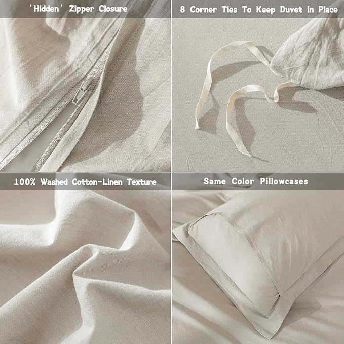 Linen Grey Duvet Cover Alaskan King Size 132inch x 120inch,100% Washed Cotton Duvet Cover with Zipper Closure and One Pillowcases, Color of New Nature Linen