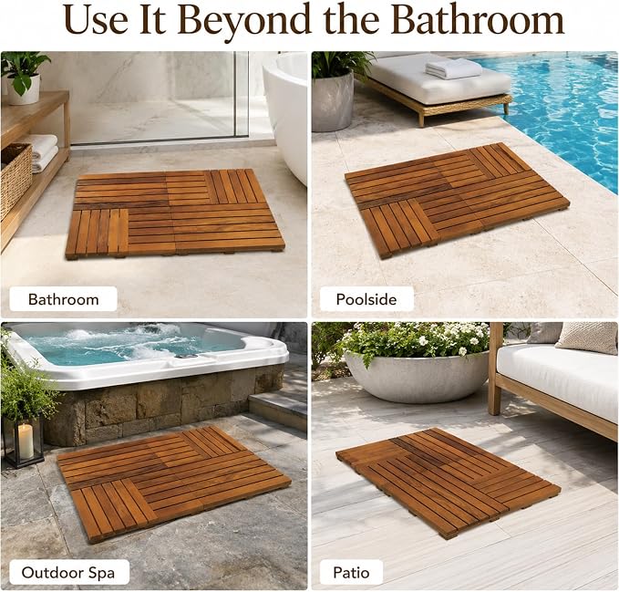 Foldable Teak Shower Mat, 36 x 20 Inch Large Teak Wood Bath Mat with Non-Slip Pads, Wooden Shower Mat for Bathroom, Indoor Outdoor Wood Shower Mat with Cleaning Brush and Cloth