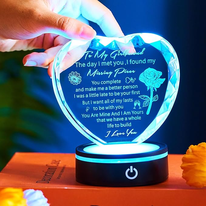 Gifts for Girlfriend with Colorful Base Romantic Heart Crystal Keepsakes to My Girlfriend from Boyfriend on Birthday Anniversary, Best Birthday Gift Ideas