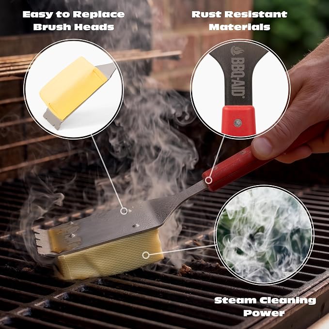 Bristle Free Steam Grill Brush and Scraper for Outdoor Grill, Red | 100% replaceable steam scrub pad, built-in scraper, grill cleaner; no shedding, safe for all grill grates
