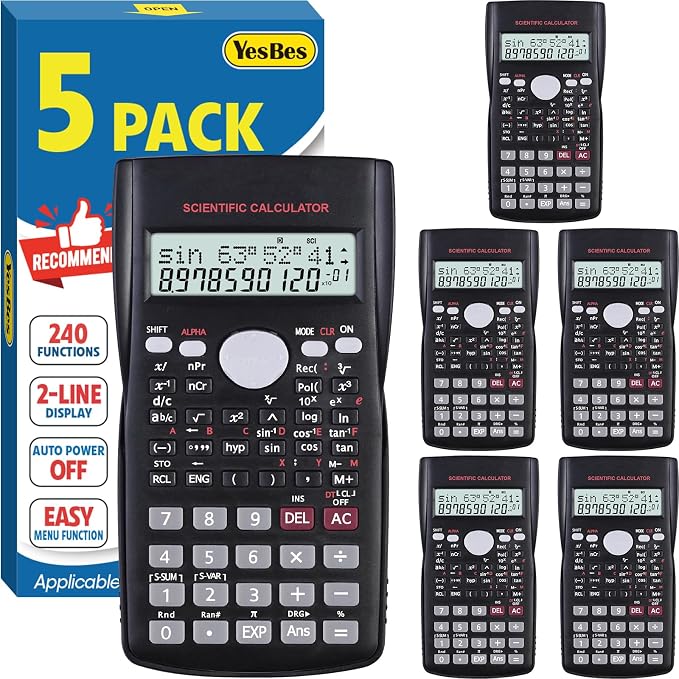 5 Pack Scientific Calculators, 2-Line Large Screen Display 240 Functions Scientific Calculators for Students, Math Algebra Fraction Calculator for High School College School