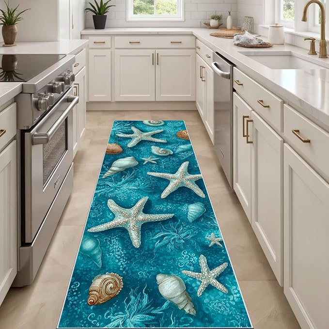 Starfish Conch Washable Runner Rug 3x10 - Watercolor Ocean Non-Slip Hallway Rug, Turquoise Blue Low Pile Faux Wool Carpet Runner for Bedroom, Kitchen, Laundry, Entrance Living Room