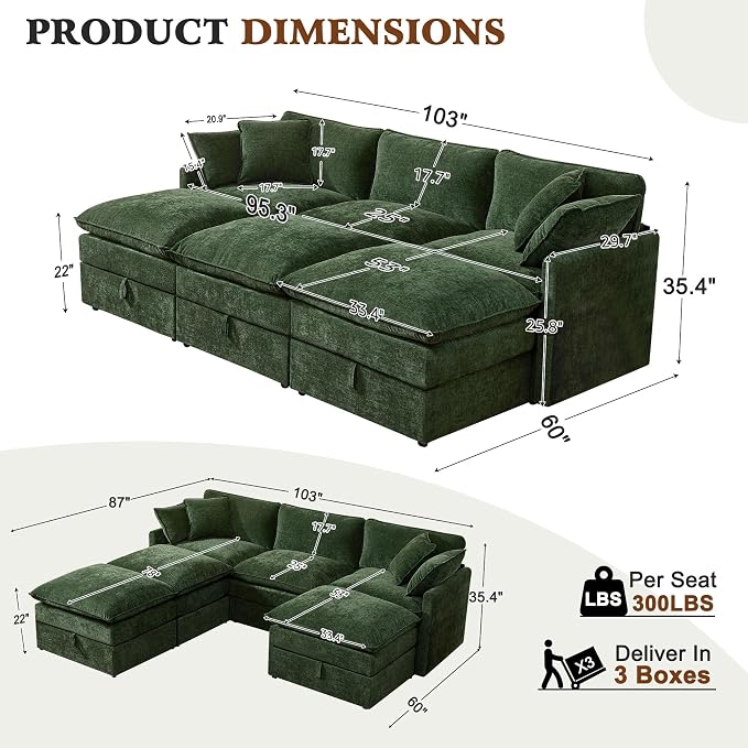 Ihanherry Oversized Sectional Sofa Bed with Storage, 103" 6-Seater Modular Cloud Couch with Movable Ottomans, Chenille Deep Seat Sleeper Couches for Living Room (Green)