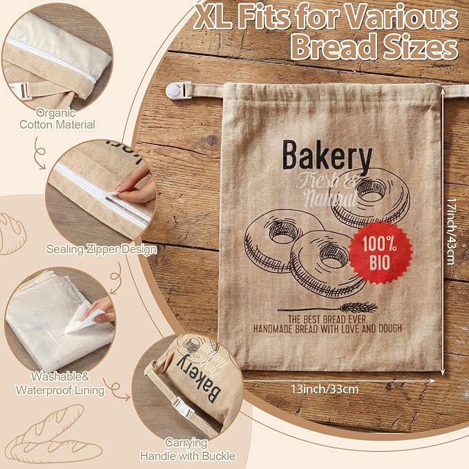 Tigeen 8 Pack Beeswax Bread Bags for Sourdough & Homemade Bread 17 x 13'' XL Reusable Organic Linen Beeswax Wraps with Sealing for Fresh Food Storage Loaf Fresh Freezer Baker Gift(Bakery Style)
