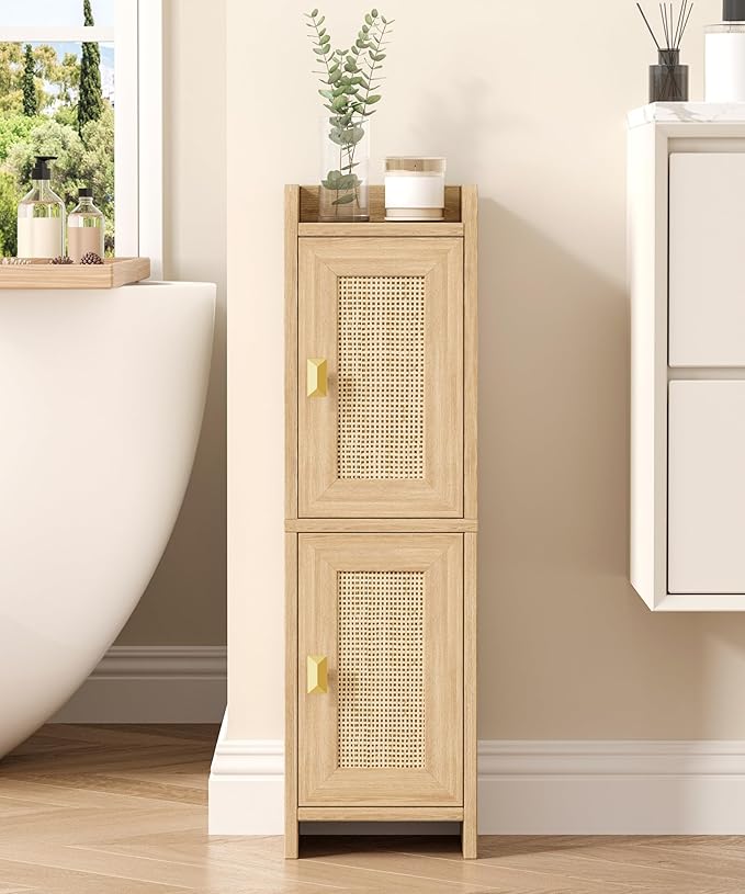 Akxomel Rattan Small Bathroom Cabinet Narrow Toilet Paper Organizer Oak | 7.9''D x 7.9''W Bathroom Organizer and Storage Cabinet for Small Space, Slim Corner Unit with Adjustable Shelf