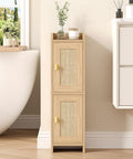 Akxomel Rattan Small Bathroom Cabinet Narrow Toilet Paper Organizer Oak | 7.9''D x 7.9''W Bathroom Organizer and Storage Cabinet for Small Space, Slim Corner Unit with Adjustable Shelf