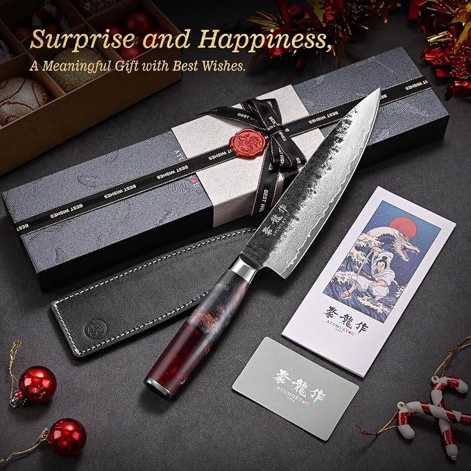 8'' Black-Forged Japanese Chef Knife, Damascus VG10 Steel | Hand Forged Finish, Damascus Stainless Steel Cladding, Red Resin Wood Handle, Leather Sheath Included, Premium Gift Box