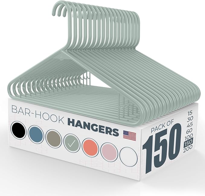 Plastic Hangers 100+ Pack (150 Count) – Made in the USA – 6lb Capacity Standard Clothes Hangers with Strap Hooks for Dresses, Lingerie, Shirts, Pants, and Jackets – Mint