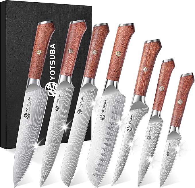 YOTSUBA 7PCS Japanese Kitchen Knife Set with Genuine Natural Rosewood Ergonomic Handle & Gift Box, Professional Ultra Sharp High Carbon Stainless Steel Knives for Cooking