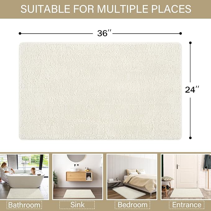 LOCHAS Luxury Bathroom Rug Shaggy Bath Mat 24 x 36 Inch, Cream White | Washable Non Slip Bath Rugs for Bathroom Shower, Soft Plush Chenille Absorbent Carpets