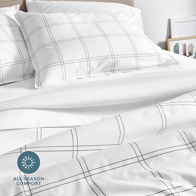 Bare Home Duvet Cover - Full Size Bedding Set - Premium 1800 Super Soft Collection - Lightweight, Cooling - Soft Breathable Duvet Cover (Full, Modern Plaid - White/Grey)