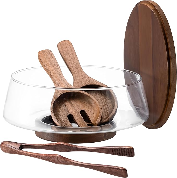 Extra Large Glass Salad Bowl Set, 4.8Qt Mixing Bowl with Acacia Wood Lid, Base and Salad Serving Utensils, Clear Serving Bowl Trifle Bowl, Elegant Salad Bowls for Kitchen,Parties,Christmas
