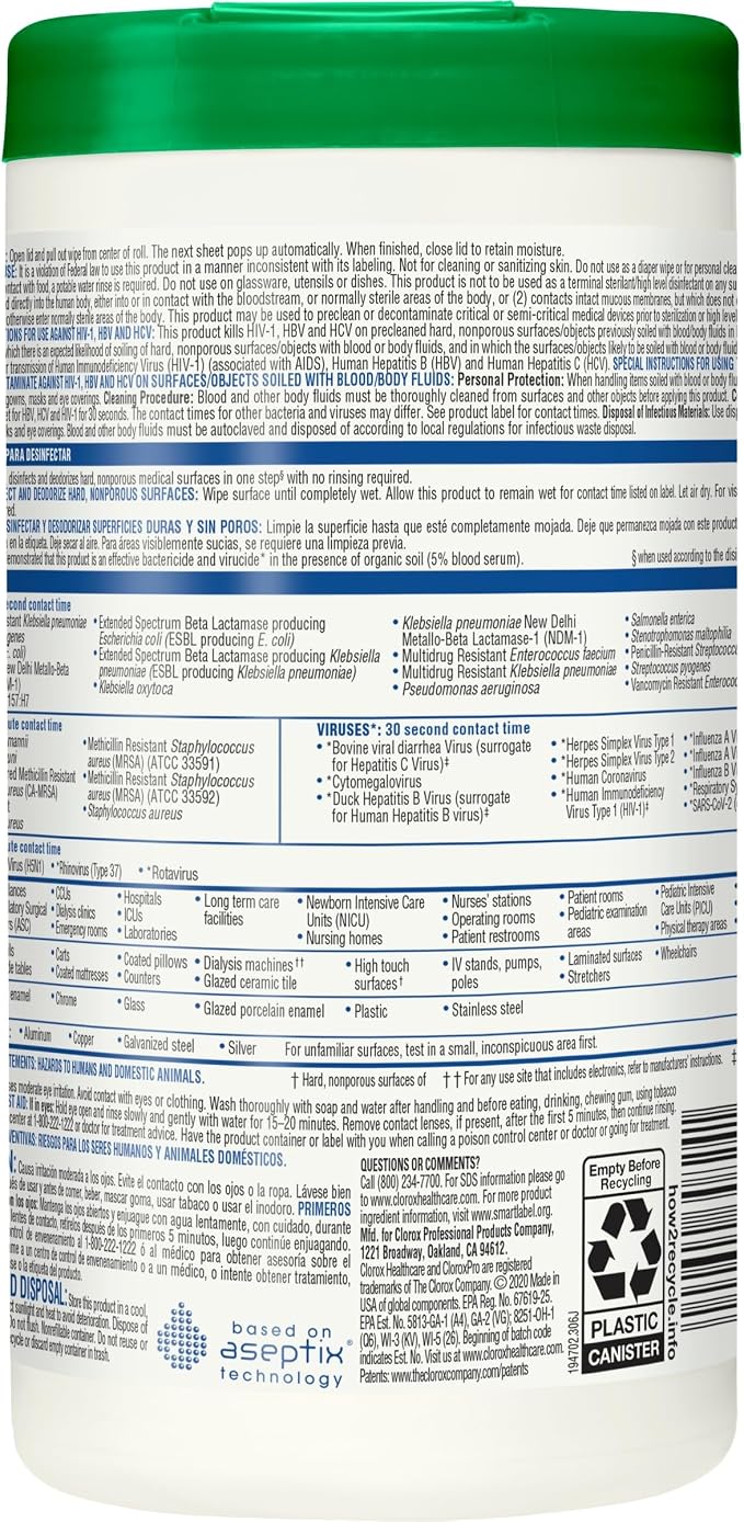 Clorox Healthcare Hydrogen Peroxide Cleaner Disinfectant Wipes, 6.75" x 9", 95 Count, Pack of 6 (Package May Vary)