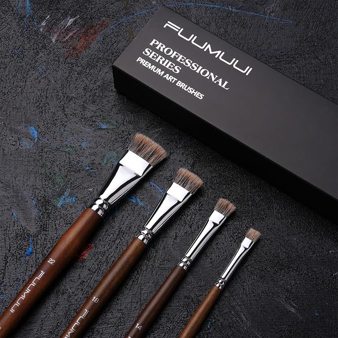 Fuumuui Professional Paint Brush Set, 4Pcs Natural Badger Hair with Flat Shape Blending Mop Oil Paint Brushes for Acrylic Painting Oil and Gouache