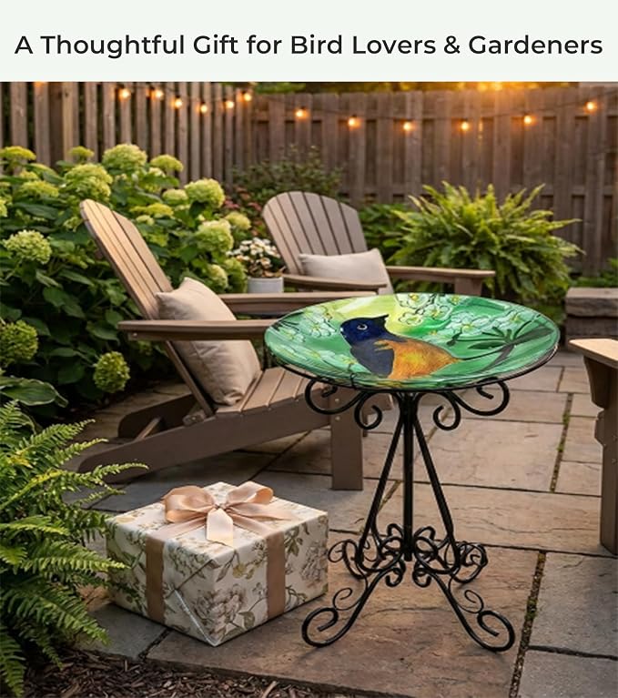 Large Glass Bird Bath with Metal Stand, Baltimore Oriole | 18" Wide Bowl, 3.2" Bathing Depth, Thick Glass Construction, Stable 3-Leg Base, Easy Clean Surface, Garden Decor