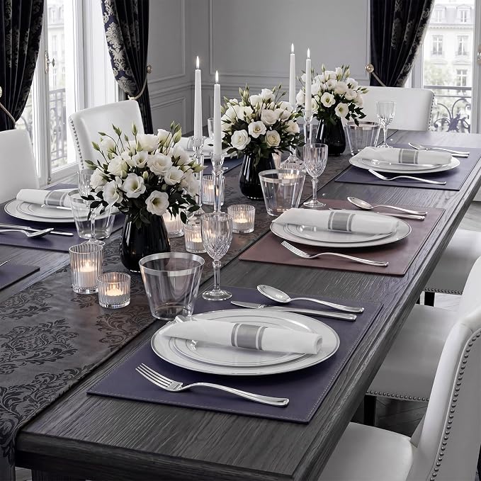 WDF Partyware 350Piece Silver Plastic Dinnerware Set for 50 Guests - Silver Plastic Plates with Cutlery Include:50Dinner Plates-50Dessert Plates-50Pre Rolled Napkins with Silverware Party Wedding