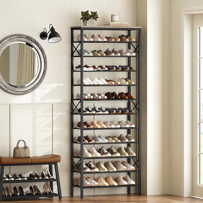 YATINEY 12 Tier Shoe Rack, Large Capacity Shoe Storage Organizer Holds 48 Pairs, Sturdy and Stable, for Entryway, Hallway, Closet, Dorm Room, Greige and Black SS12BG