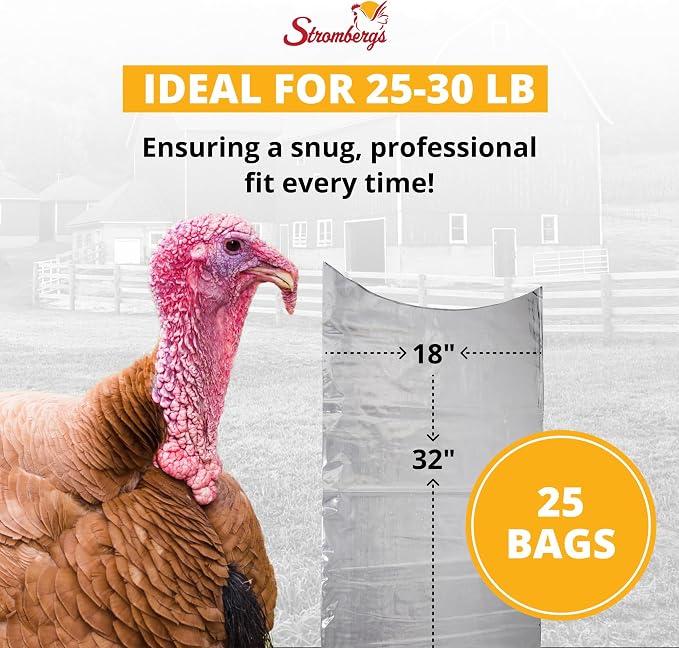 Stromberg's Large Turkey Heat Shrink Clear Bags, Freezer-Safe, BPA & BPS Free Bags with 65 Micron Thickness, Ideal for 25-30 lb Poultry, 18"x32", 25 Pack