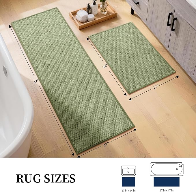 YIHOUSE Green Bathroom Rugs Sets 2 Piece, Quick Dry Thin Bath Mat, Non Slip Absorbent Machine Washable, Bath Runner Rug for Bathtub Sink Home Decor (17"x24" + 17"x47")