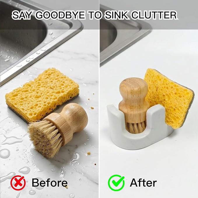 White Marble Sponge Holder for Kitchen Sink, 2-in-1 Sponge & Brush Holder with Raised Edge, 2 Slot Natural Stone Sink Caddy for Countertop, Keeps Countertops Dry, Non-Slip Base, Modern Kitchen Decor