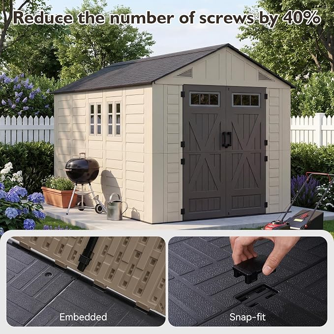 Aoxun 8x12 Ft Outdoor Storage Shed with Lighe & Floor, Large Resin Outdoor Shed with Lockable Door & Windows, Garden HDPE Sheds for Lawn Tools, Pool Supplies & Bikes