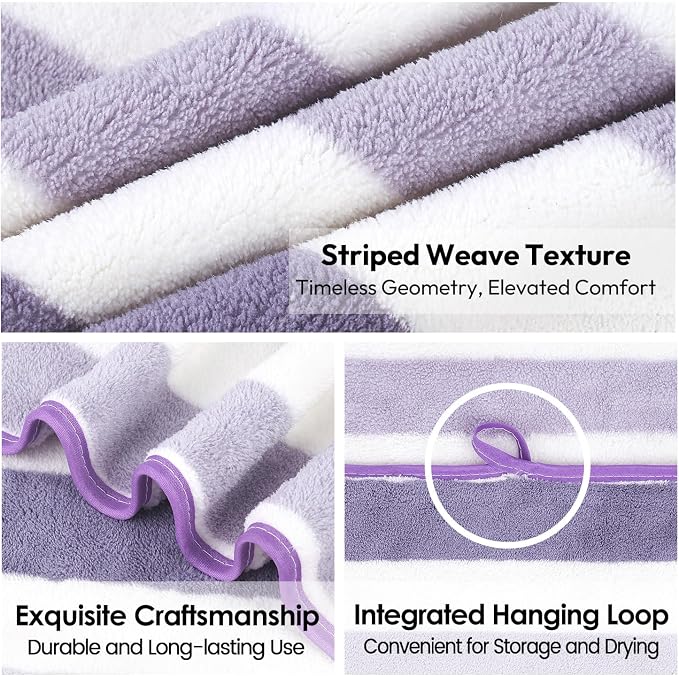 JML Microfiber Bath Towels, 2 Pack, 30" x 60", Cabana Stripe Purple | Hanging Loop, Lint Free, Oversized, Soft, Super Absorbent,Fast Drying, Perfect for Shower, Sauna, Gym, Sports, Fitness, Yoga