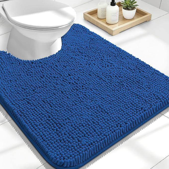 OLANLY Toilet Rugs U-Shaped 24x20, Extra Soft Absorbent Chenille Contour Bathroom Rugs for Toilet, Dry Quickly, Machine Washable, Non-Slip Bath Mat, Deep Navy Blue