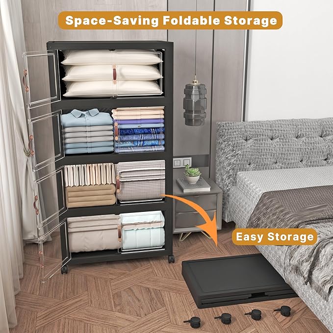 Stackable Storage Bins, 1440QT Collapsible Drawers with 2 Lids | Large Capacity, Magnetic Door, Stack Lock, Rolling Wheels, Foldable Design, Organizers and Storage for Bedroom Dorm Garage