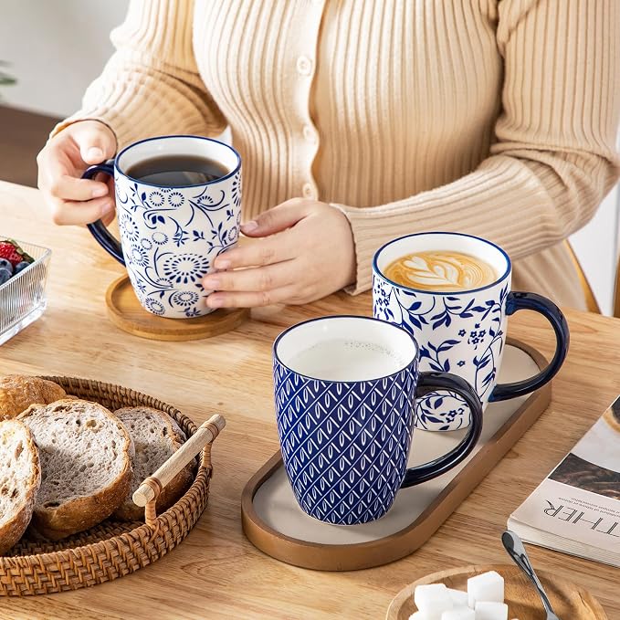 vancasso SELENE Large Coffee Mugs Set of 6, 16 Oz Porcelain Coffee Cups with Handle, Ceramic Tea Cup for Cappuccino, Latte, Tea, Cocoa, Dishwasher & Microwave Safe Gift Sets, Vintage Blue
