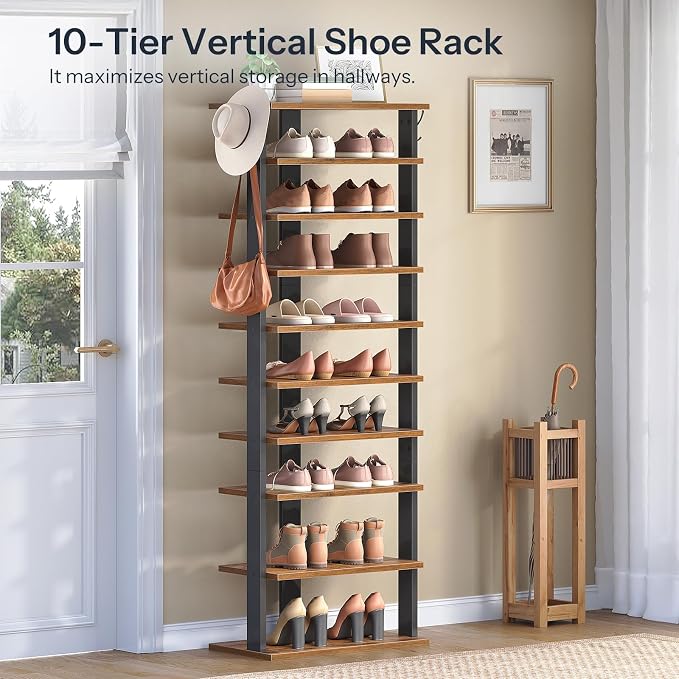 HOOBRO 10 Tiers Vertical Shoe Rack, Wooden Shoe Storage Organizer with Hooks, Narrow Shoe Tower for 20 Pairs, Space Saving, for Entryway, Living Room, Bedroom, Rustic Brown FG140XJ01