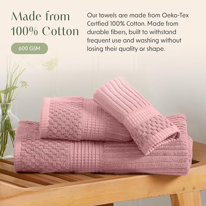 Springtree Home 100% Cotton Bath Towel Set | 6-Piece Set | Textured | Rose | Absorbent & Quick-Dry Bathroom Towels | Textured and Durable Cotton Towels for Bathroom | OEKO-TEX | Krista Collection