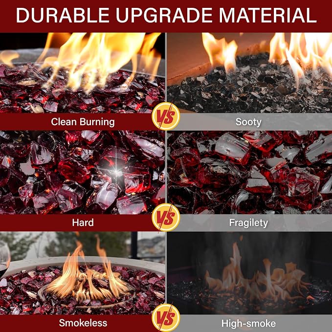 NUPICK 5 Pound Fire Glass, 1/2 Inch Reflective Fire Pit Glass | Tempered Fire Pit Rocks for Propane or Natural Gas, Glass Rocks for Fire Pit Table, Fireplace, Fire Bowl, Landscaping, Red