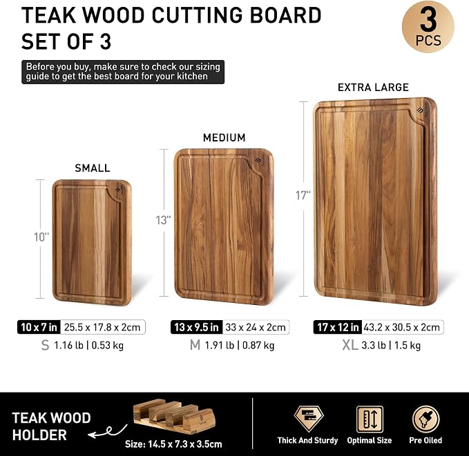 3 Pack Teak Wood Cutting Board Set for Kitchen Charcuterie Board Serving Heavy Duty Non Toxic Slip Over Sink Solid Thick Haus Wooden Chopping Board Large Big Small Meat Best Kitchen Mother Gift