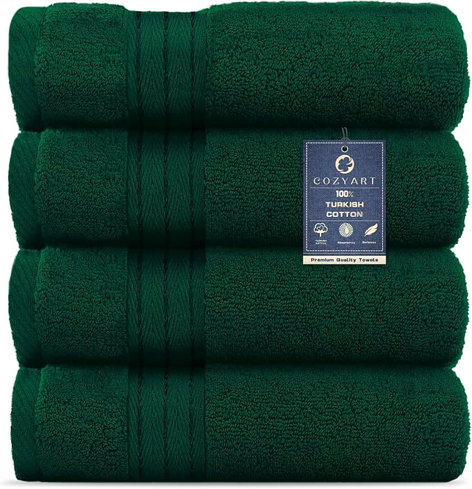 COZYART Luxury Hand Towels 4 PCS, Dark Green 100% Turkish Cotton 650 GSM | OEKO-Tex 100 Certified Zero Twist Ring Spun, Soft Absorbent Quick Dry, Plush Fluffy, Breathable Hotel Quality for Daily Use
