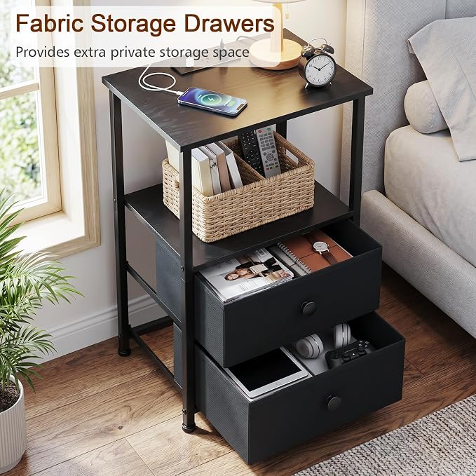 Night Stand, Nightstands Set of 2 with Charging Station | Bedside Table with 2 Fabric Drawers for Bedroom, End Tables with Storage Shelf for Small Spaces, Black