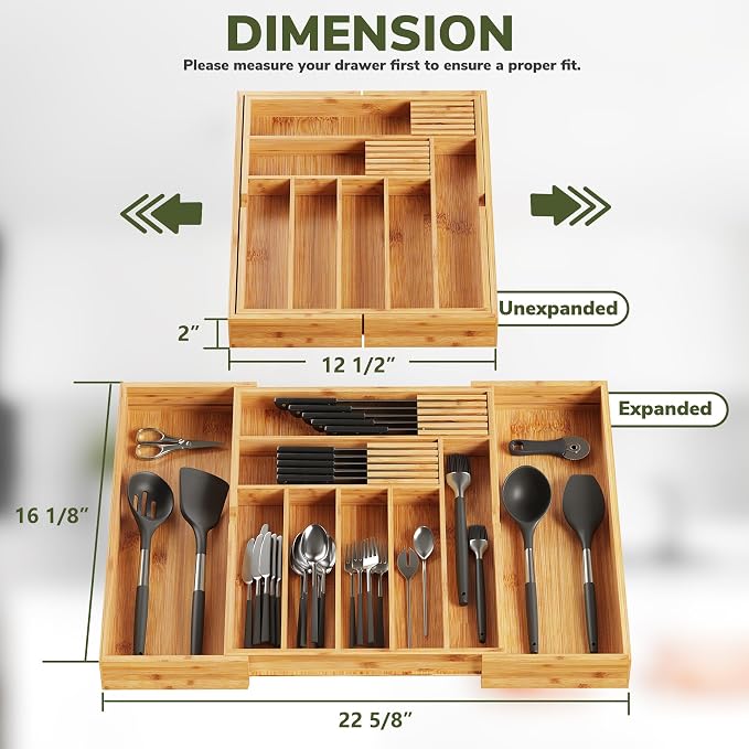 BAMEOS Bamboo Drawer Organizer Expandable Kitchen Silverware Organizer with 7-9 Deep Compartments, Bamboo Reinforced Cutlery Tray, Adjustable Utensil Holder for Kitchen(16.1"-22.4" Wide, Natural)