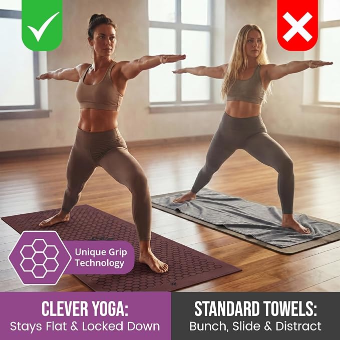 Clever Yoga Hot Yoga Mat Towel – Non-Slip Grip for Hot Yoga, Sweat Absorbent, Honeycomb Silicone Grip, Stays Flat – Ideal for Pilates, Travel, Washable & Lightweight - Burgundy