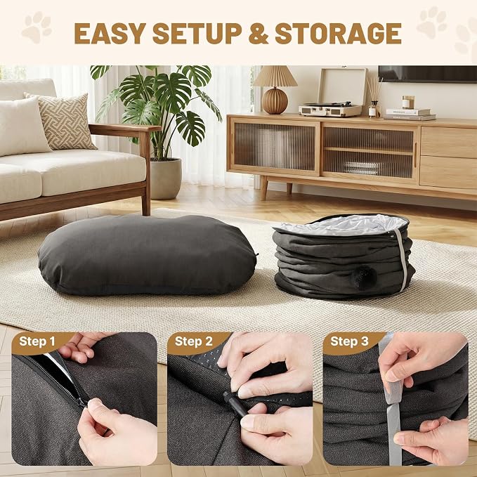 Extra Large Cat Tunnel, Cooling Natural Linen Big Tunnel for Large Cats, 47.2in Multi-Cat Family Long Cat Tunnel Bed with Washable Mat, Breathable & Durable Big Cat Tunnel for Cats, Dark Grey
