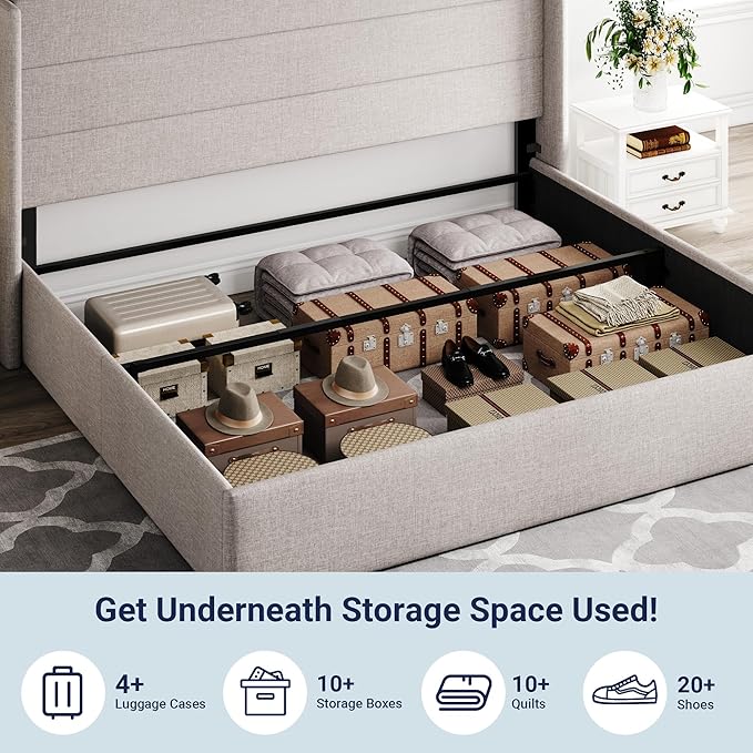 Allewie King Size Lift Up Hydraulic Storage Bed Frame Light Beige | Modern Wingback Headboard, Hydraulic Support Storage, No Box Spring Needed