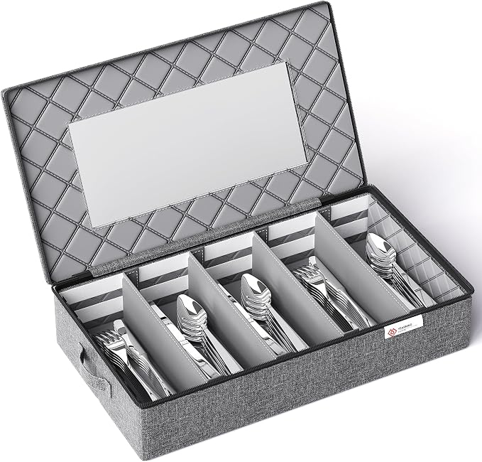 Silverware Storage Box,Hard Shell Flatware Organizer with Lid and Zipper,Utensil Storage with Clear Window and adjustable Divider for Spoons,Forks.Knives,Grey