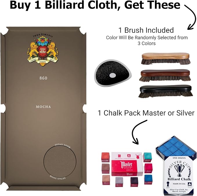 Simonis 860 Pool Table Cloth Replacement Kit for Tables Includes Precut Bed and Rail Cloth, Horsehair Brush, Spots, and Chalk (Multiple Colors)