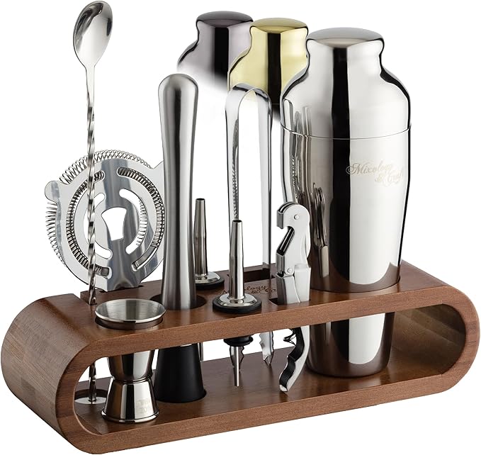 Mixology & Craft Cocktail Shaker Set with Bamboo Stand - Professional 10-Piece Bartender Kit, Complete Bar Set for Home Use with Jigger, Muddler, Strainer, Spoon, Pourers & Corkscrew (Silver)