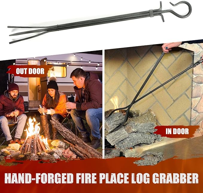 Pilgrim 30-Inch Single Fireplace Log Tong Grabber, Hand-Forged Iron