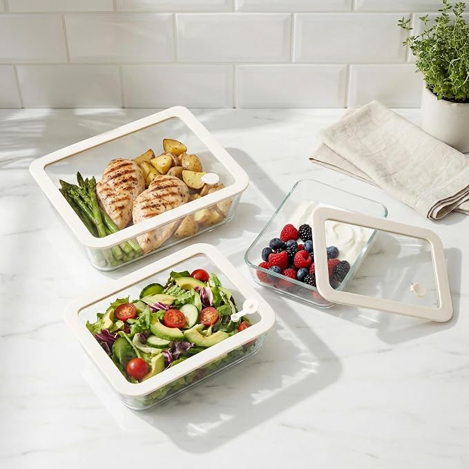 Glass Food Container Set with Silicone Glass Lid, 3 Pack, Airtight, LeakProof, 100% Plastic Free, Meal Prep Containers (White Color)
