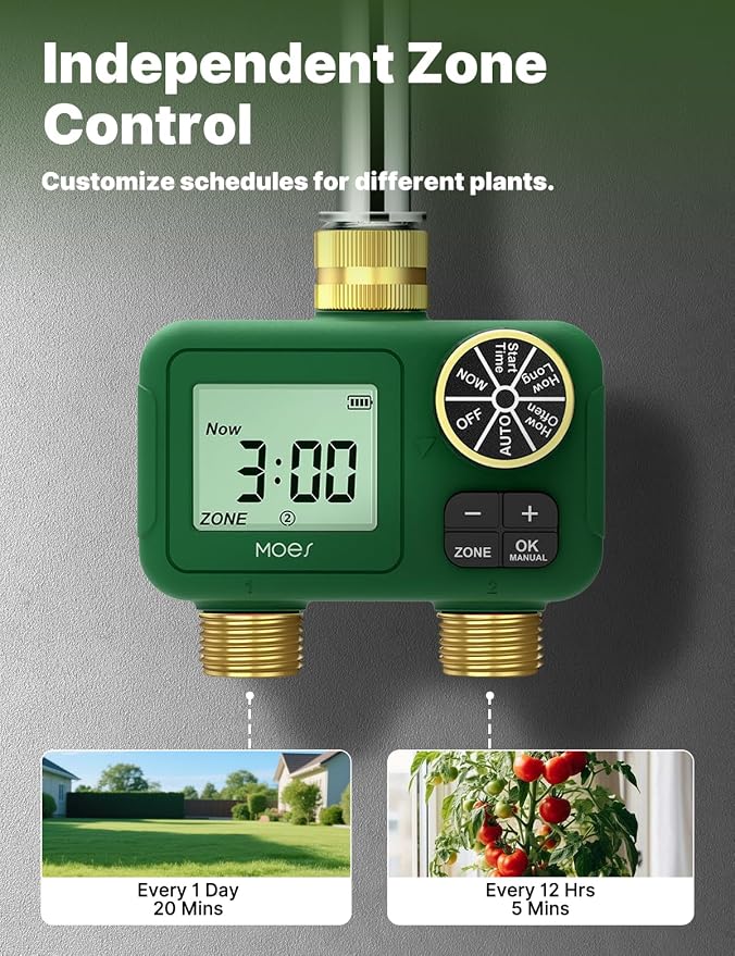 MOES 2 Zone Water Timer for Garden Hose, 3/4 in Brass Inlet and Outlets, Battery Operated Sprinkler Timer, Dual Outlet Faucet Valve, Rain Delay, Manual Watering, Non-WiFi